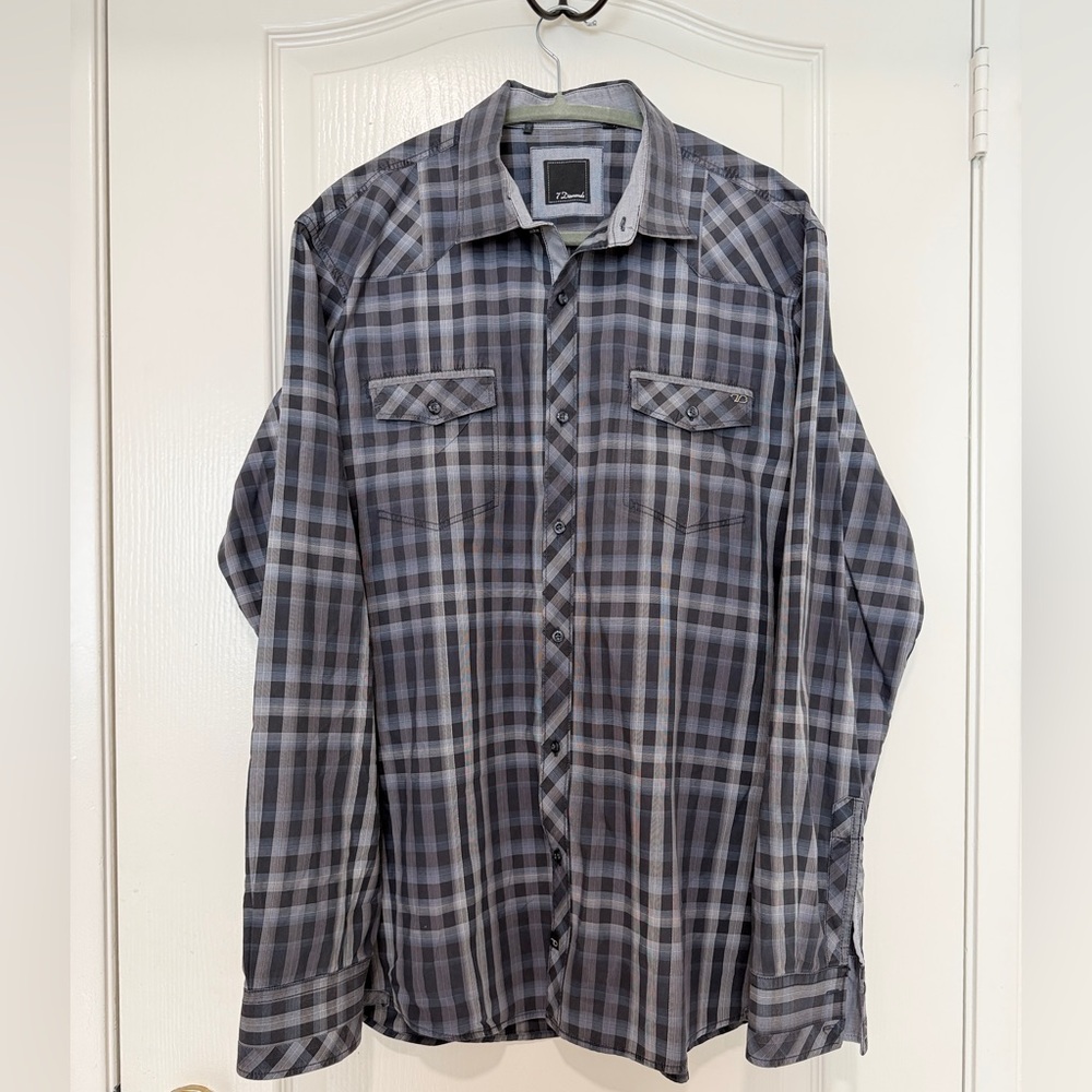7 Diamonds Mens Gray Plaid Button Down Shirt Sz XL Long Sleeve Dress Shirt NWOT